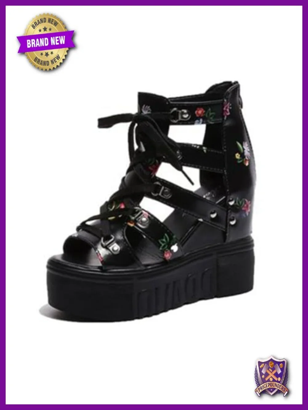 Florals Wedge Platform Sandals Gladiator Peep Toe Chunky High Heel Lace Up